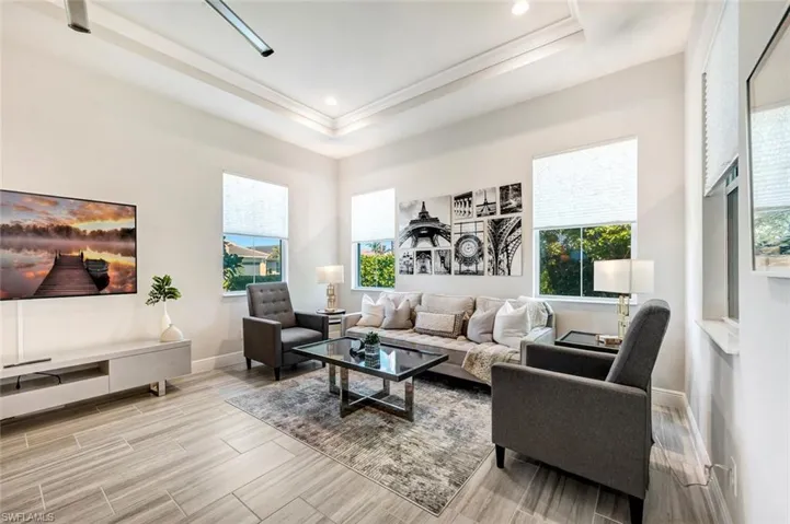 Living room with a tray ceiling and a healthy amount of sunlight
