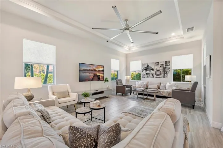 Living room featuring wood-type flooring, ceiling fan, and a tray ceiling