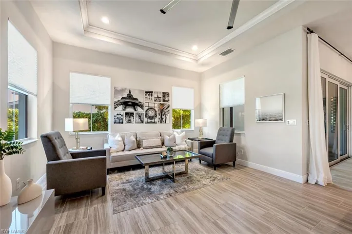 Living room featuring light hardwood / wood-style flooring and a raised ceiling