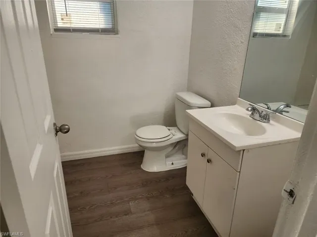Bathroom with vanity, a textured wall, and dark wood-style floors