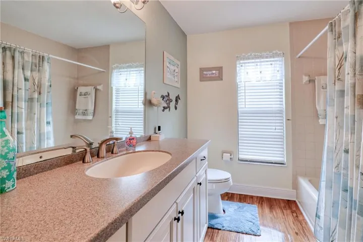 Full bathroom with vanity, toilet, hardwood / wood-style floors, and a healthy amount of sunlight