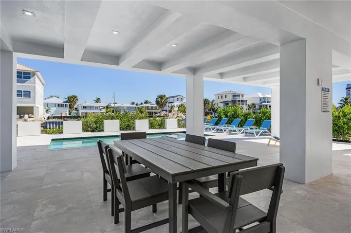 View of patio with a community pool, a residential view, and outdoor dining area - Virtually Edited Image