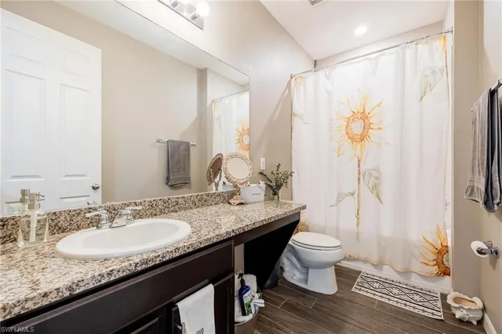 Bathroom featuring vanity, toilet, curtained shower, and wood-type flooring