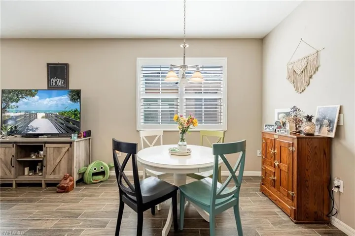 Dining space with an inviting chandelier