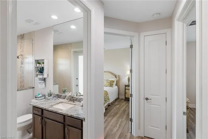 Bathroom featuring vanity, toilet, and wood-type flooring