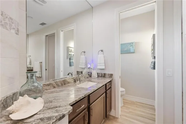 Bathroom featuring vanity, wood-type flooring, and toilet