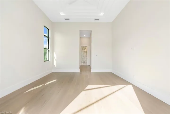 Empty room featuring a raised ceiling and light wood-type flooring