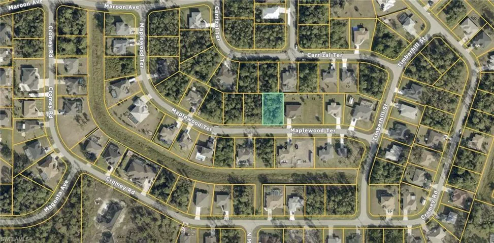Aerial map of property and surrounding area featuring property boundaries highlighted