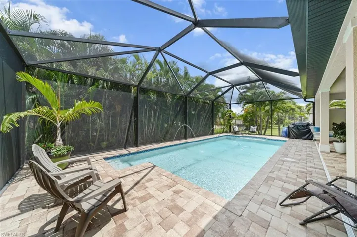 Swimming pool featuring a patio, a lanai, and area for grilling