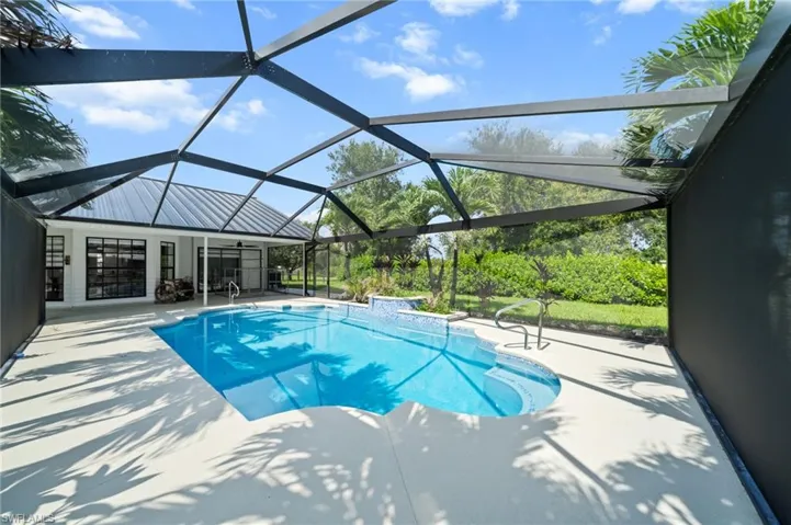 Swimming pool with a patio area and glass enclosure