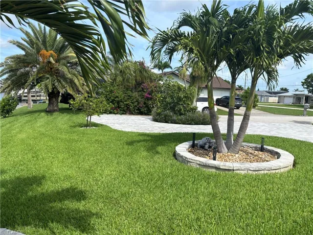 View of grassy yard with curved driveway