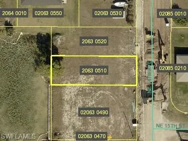 Aerial map of property and surrounding area with property parcel outlined