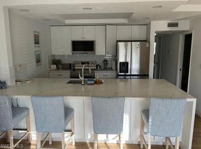 Kitchen featuring tasteful backsplash, visible vents, light stone countertops, a tray ceiling, and stainless steel appliances