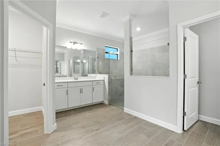 Bathroom with vanity, a shower stall, crown molding, wood finish floors, and a spacious closet