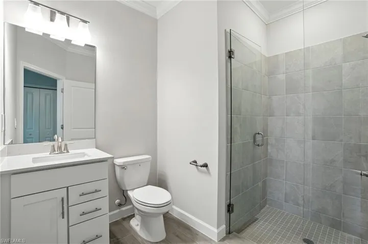 Bathroom featuring a shower stall, vanity, ornamental molding, and light wood-style flooring