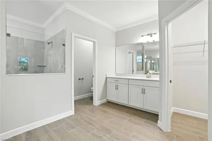Bathroom featuring a walk in shower, vanity, crown molding, wood tiled floors, and a closet