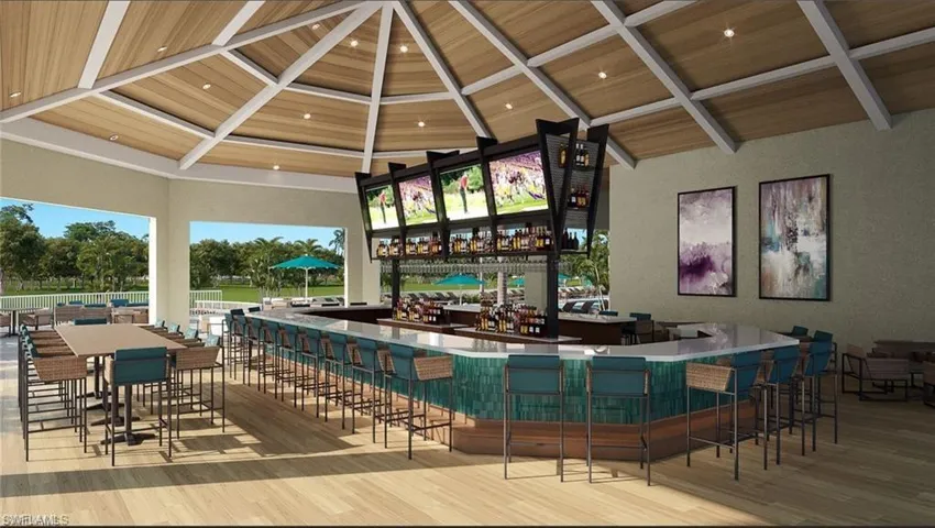 Open-air bar area featuring a wood-finish vaulted ceiling with exposed beams, ample counter seating, and an integrated multi-screen display