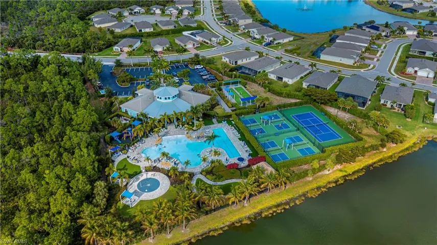 Beach Entry lap pool, Pickle Ball & Tennis courts, Bocce Ball, clubhouse, gym/stretching room, playground & splash pad.
