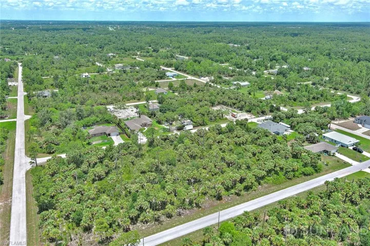 Aerial view of a heavily wooded area