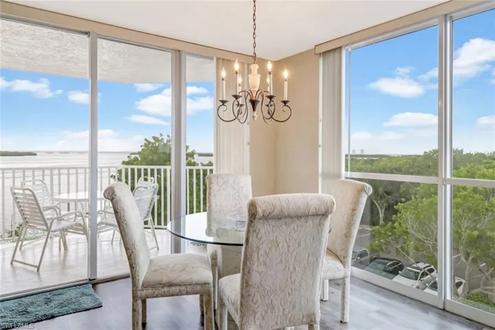 Sunroom / solarium featuring expansive windows, wood finished floors, a chandelier, and a water view