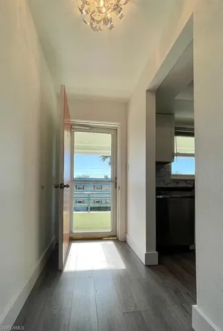 Entryway with wood-look flooring and a contemporary light fixture