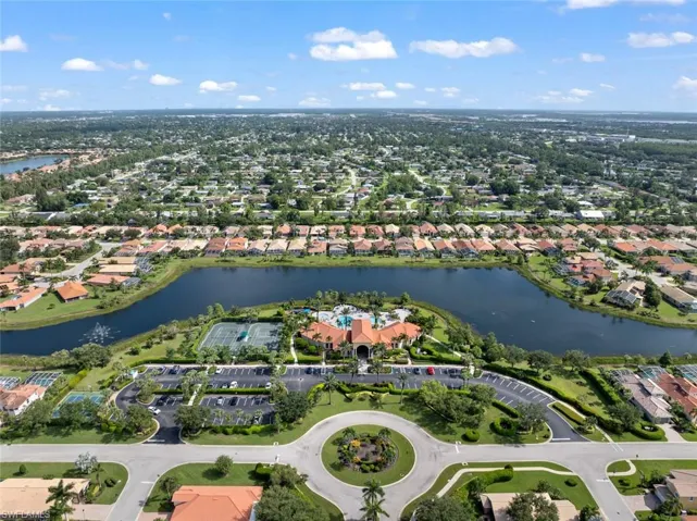 Aerial view showing tennis and pickleball courts on left