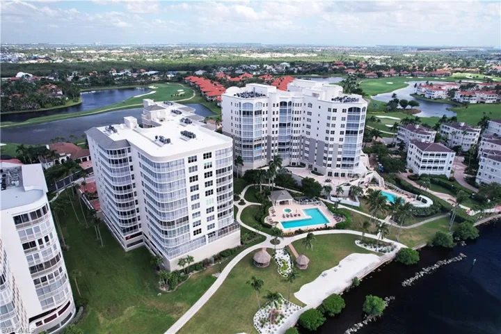 Bird's eye view overlooking the river and the golf course golf course