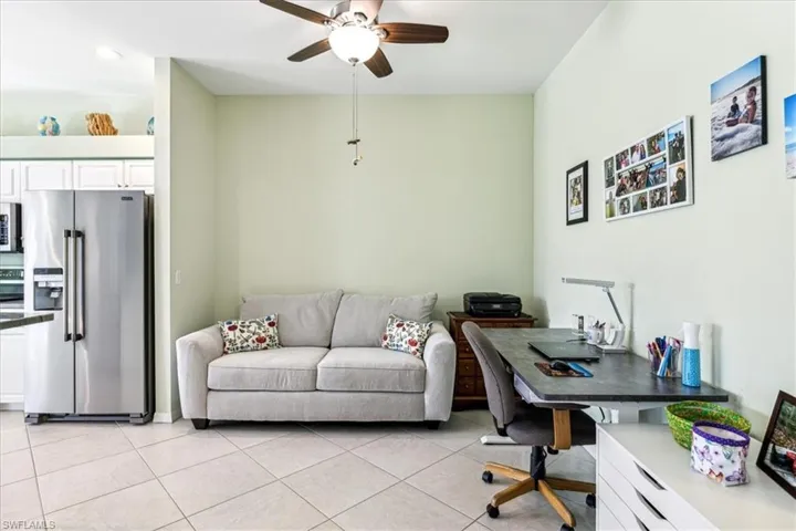 Tiled office space with ceiling fan