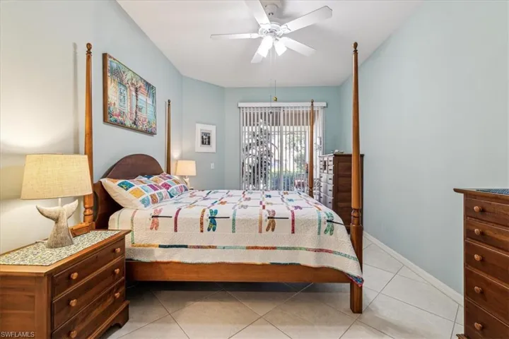 Bedroom featuring ceiling fan and light tile patterned floors