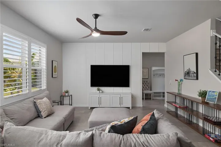 Living room featuring water view