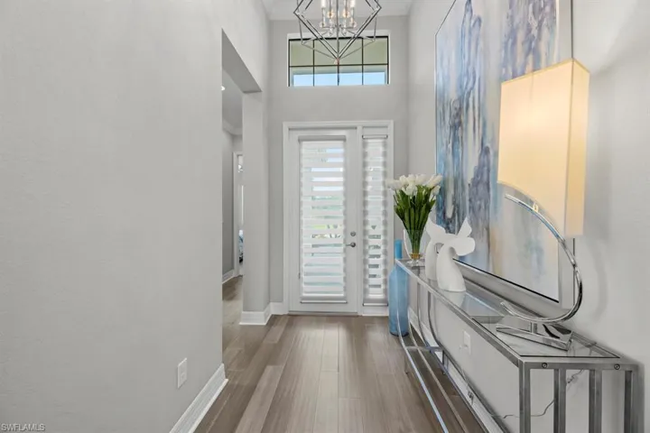 Foyer entrance with an inviting chandelier, dark hardwood / wood-style floors, and a towering ceiling