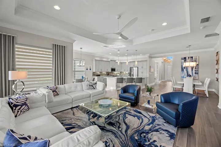Living room featuring ceiling fan with notable chandelier, hardwood / wood-style flooring, ornamental molding, and a raised ceiling