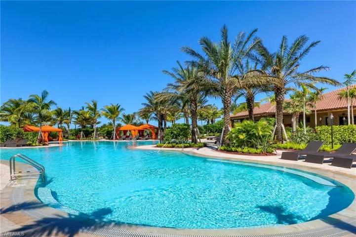 Curved swimming pool with integrated steps, surrounded by a light-toned paved deck and lush tropical landscaping