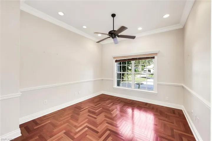 Unfurnished room with recessed lighting, crown molding, and a ceiling fan