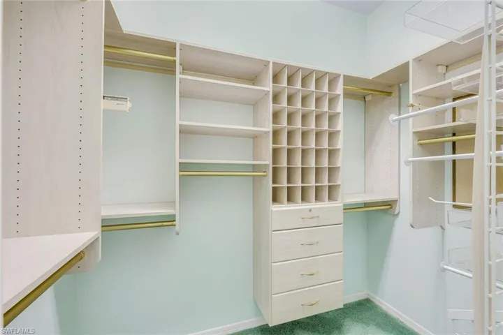 Walk in closet with dark carpet