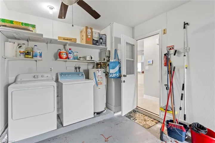 Laundry area featuring ceiling fan, washer and dryer, and electric water heater