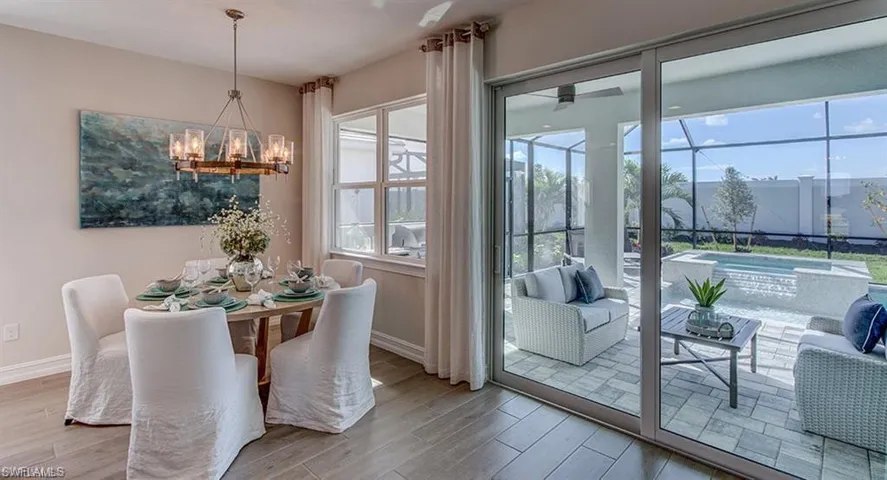Dining area featuring hardwood / wood-style floors and a chandelier