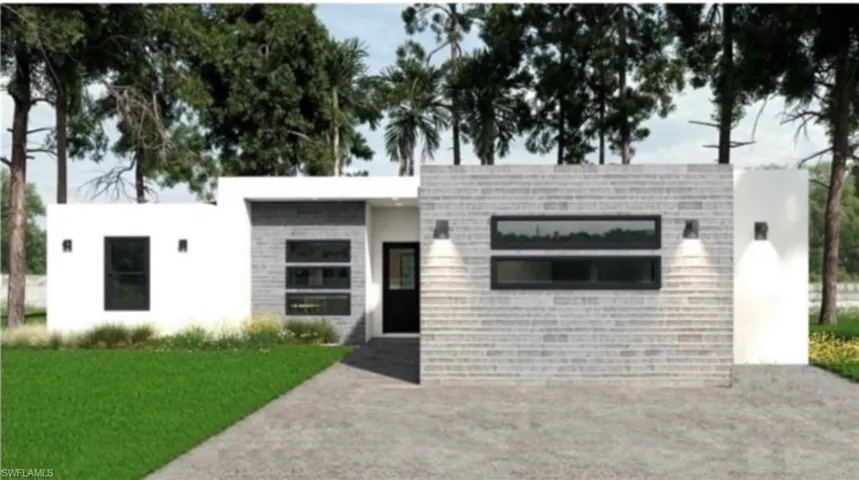 Contemporary exterior featuring a flat roofline, white stucco siding, grey brick accents, black-framed windows, and a dark entry door