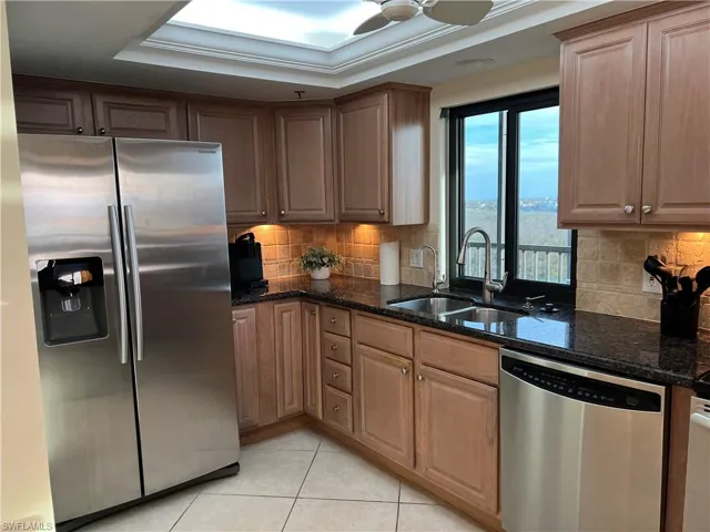 Kitchen featuring sink, a tray ceiling, stainless steel appliances, and dark stone counters