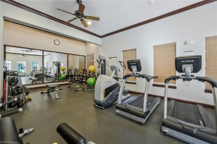 Exercise room featuring ornamental molding and ceiling fan