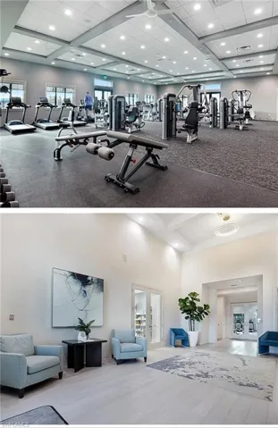 Exercise room featuring recessed lighting, french doors, a high ceiling, and a drop ceiling