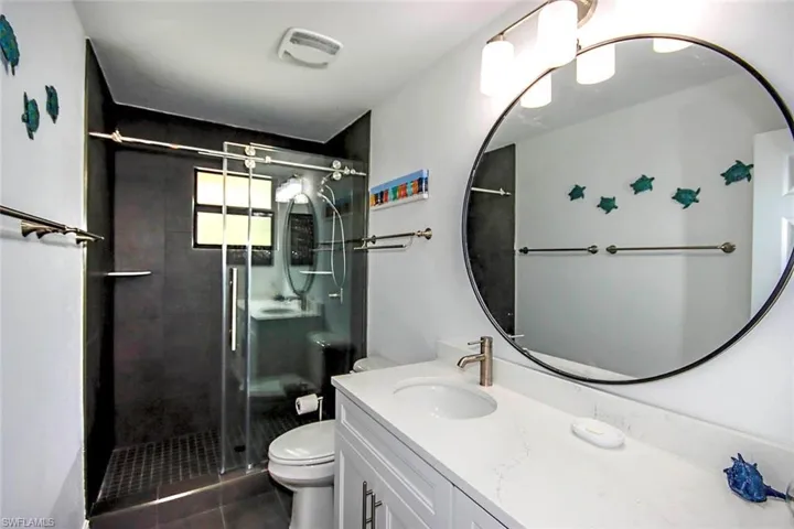 Full bathroom with a stall shower, visible vents, toilet, and vanity