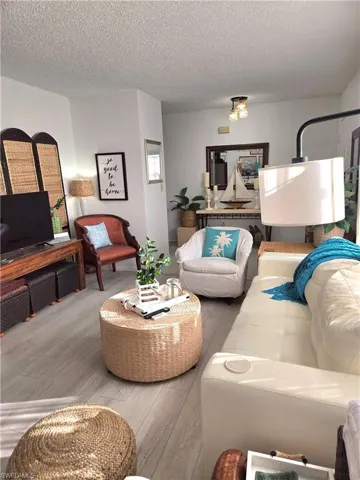 Living room featuring wood-type flooring and a textured ceiling