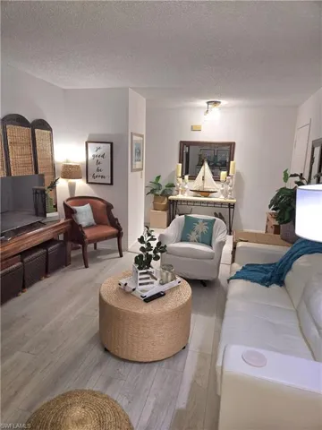 Living room featuring light hardwood / wood-style floors and a textured ceiling