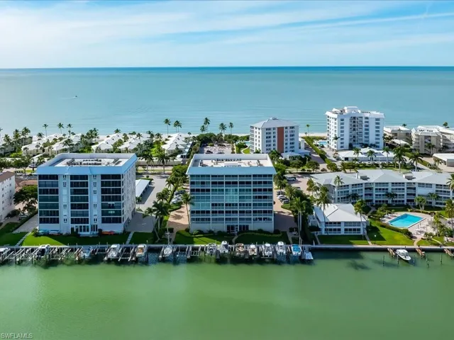 Aerial view of a nearby body of water and a marina