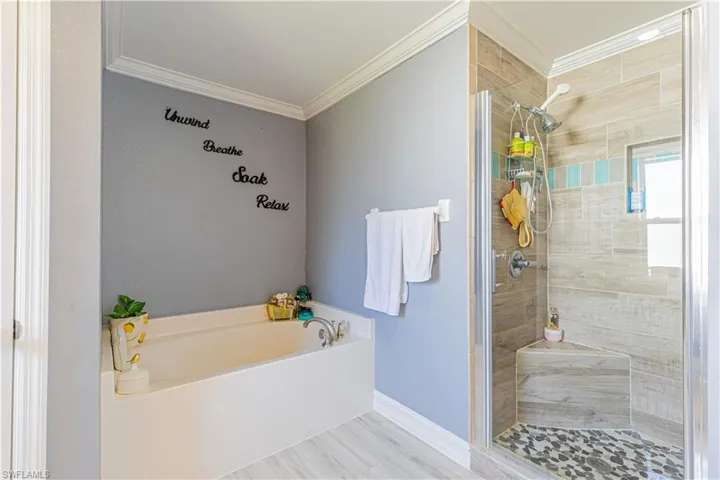 Bathroom with independent shower and bath and ornamental molding