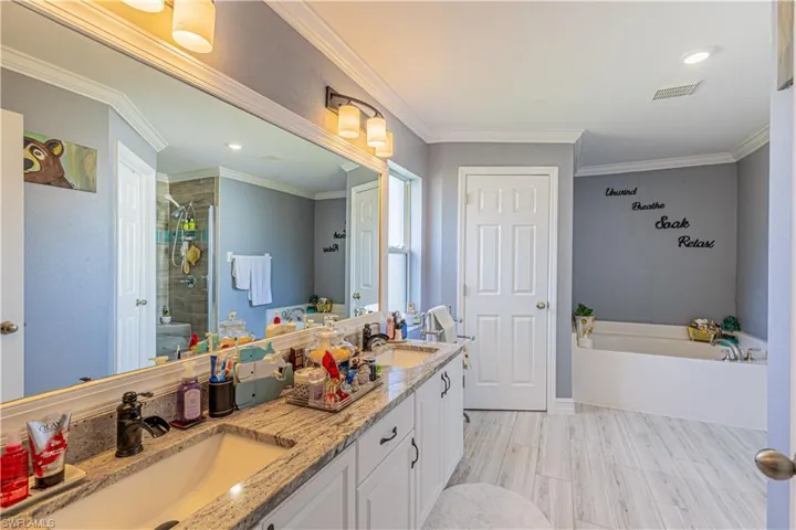 Bathroom with crown molding, double sink, separate shower and tub, and large vanity