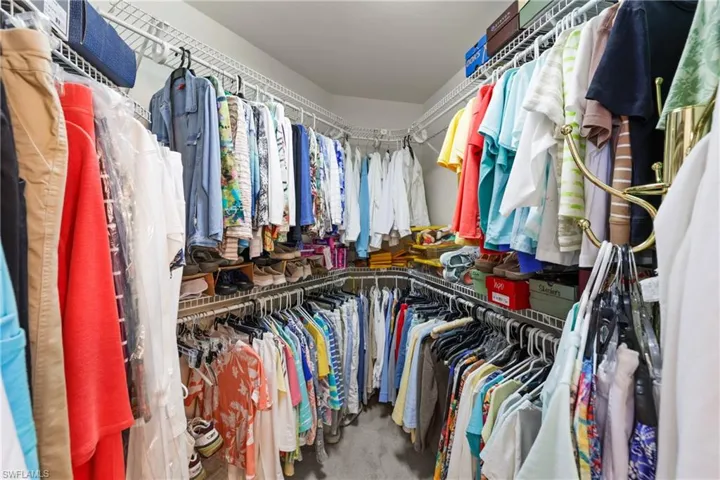 Spacious primary closet featuring carpet flooring