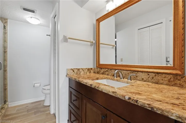 Bathroom with a closet, vanity, light wood-style flooring, and a stall shower