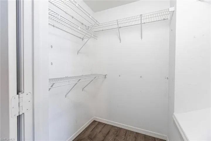 Walk in closet with dark hardwood / wood-style flooring